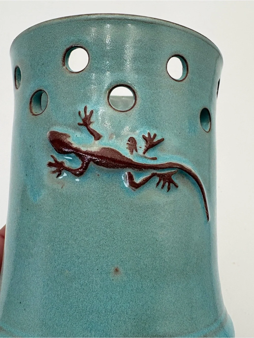 Vintage Turquoise Kilnworks Pottery Lizard Candle Holder- Made in Virgin Islands